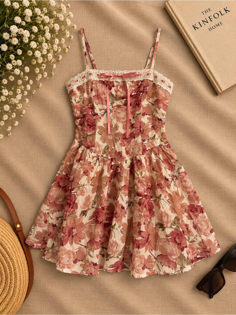 NWT Altar'd State Rose Blossom Lace-Trim Spaghetti Strap Mini Dress